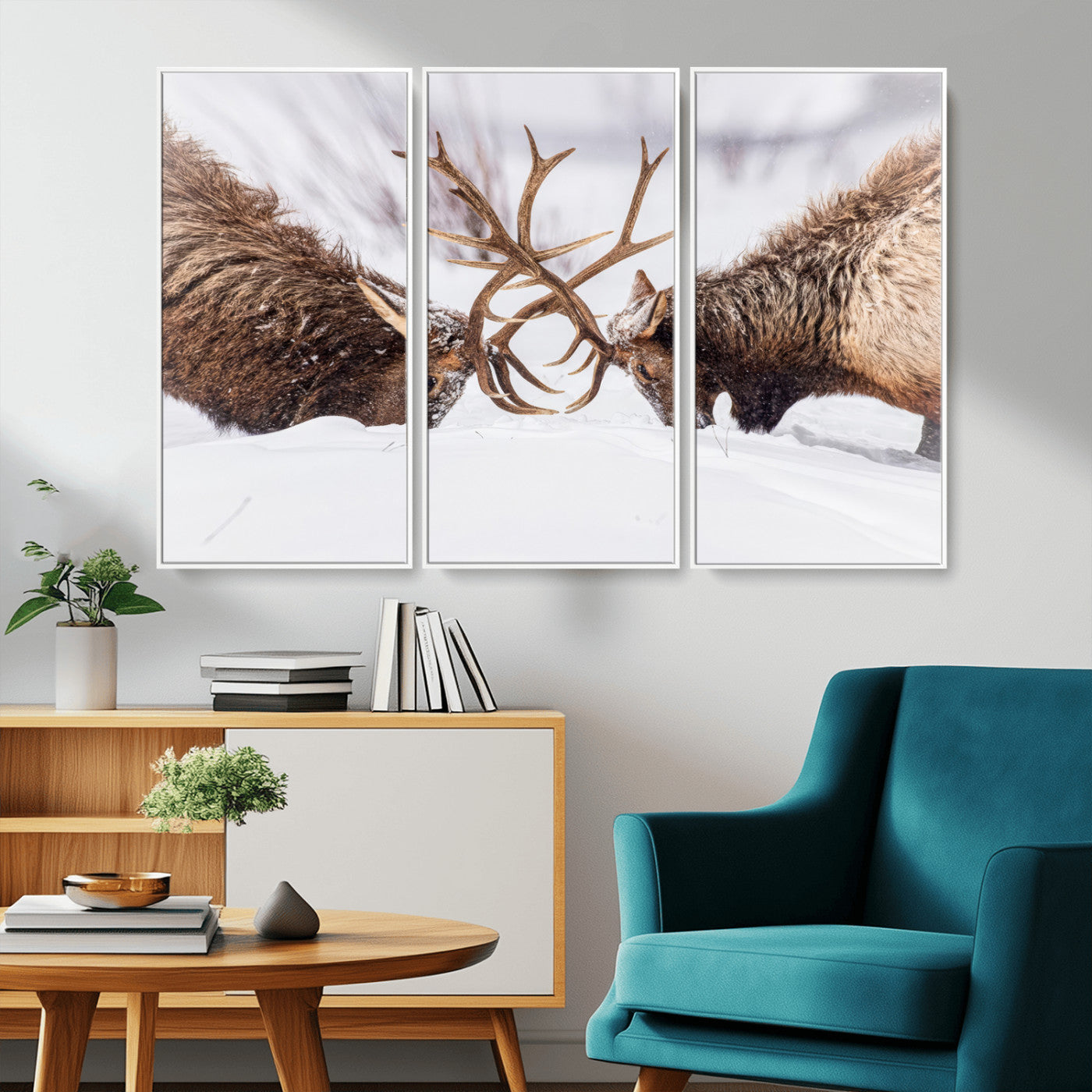36507609-MGV-CV-36X24-Elk Clash Scene Wall Art Canvas Print, Framed Wildlife Strength Decor Art Picture Print, Snowy Forest Elk Perfect Rustic Lodge
