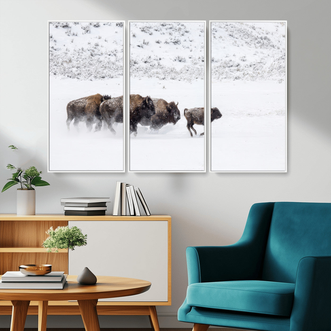 56216945-MGV-CV-36X24-Bison Herd Decor Wall Art Canvas Print, Framed Snowy Bison Scene Art Picture Print, Winter Wildlife Theme Perfect Rustic Western