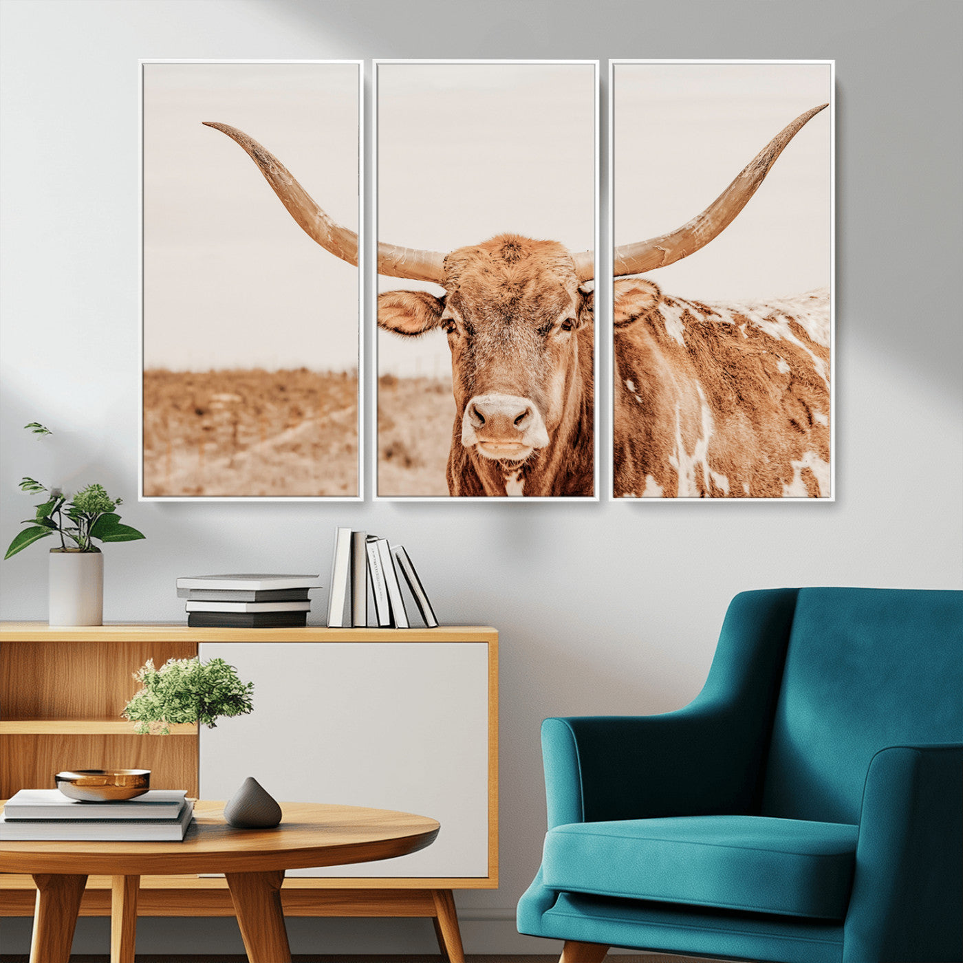 74406977-MGV-CV-36X24-Longhorn Bull Decor Wall Art Canvas Print, Framed Western Cow Theme Art Picture Print, Rustic Farmhouse Wall Perfect Neutral