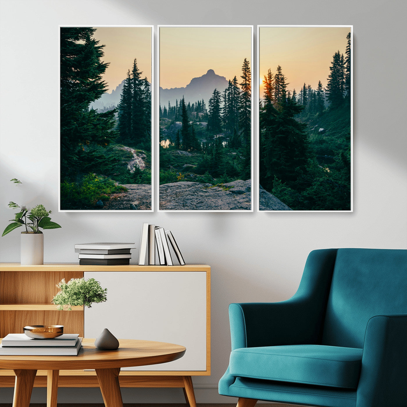 66397982-MGV-FC-48X32-3P_White-Mountain Landscape Wall Art Canvas Print, Framed Forest Serenity Art Picture Print, Mountain Landscape Perfect Rustic Wilderness
