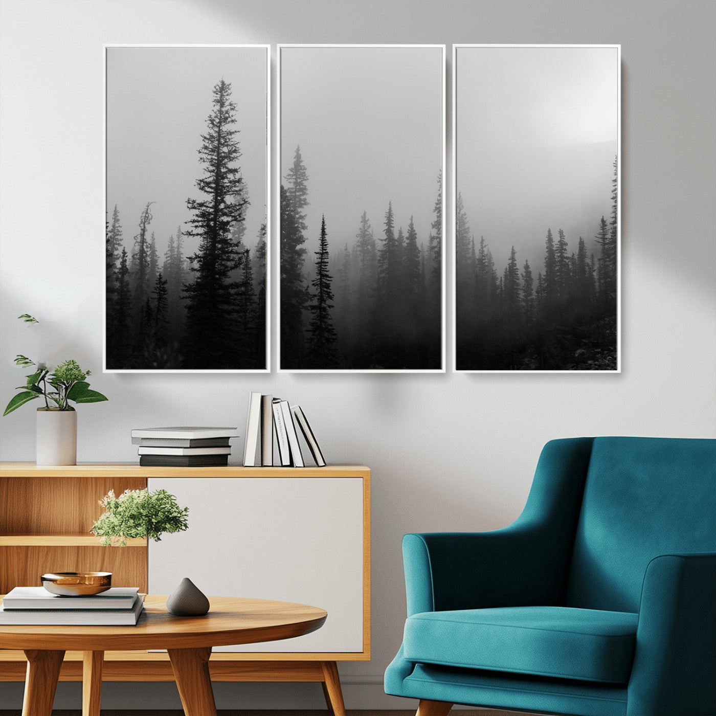 73138900-MGV-CV-36X24-Misty Pines Wall Art Canvas Print, Framed Woodland Photography Art Picture Print, Minimalist Decor Perfect Modern Rustic Decor