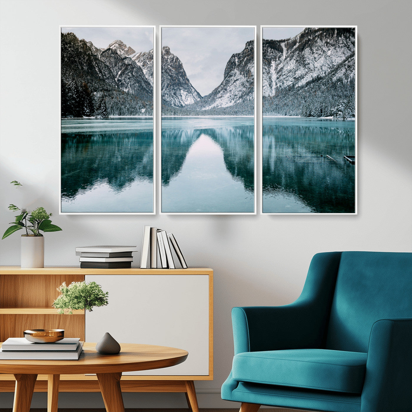 73098373-MGV-CV-36X24-Mountain Lake Wall Art Canvas Print, Framed Winter Wonderland Art Picture Print, Snowy Peaks Perfect Modern Nature Decor Artwork
