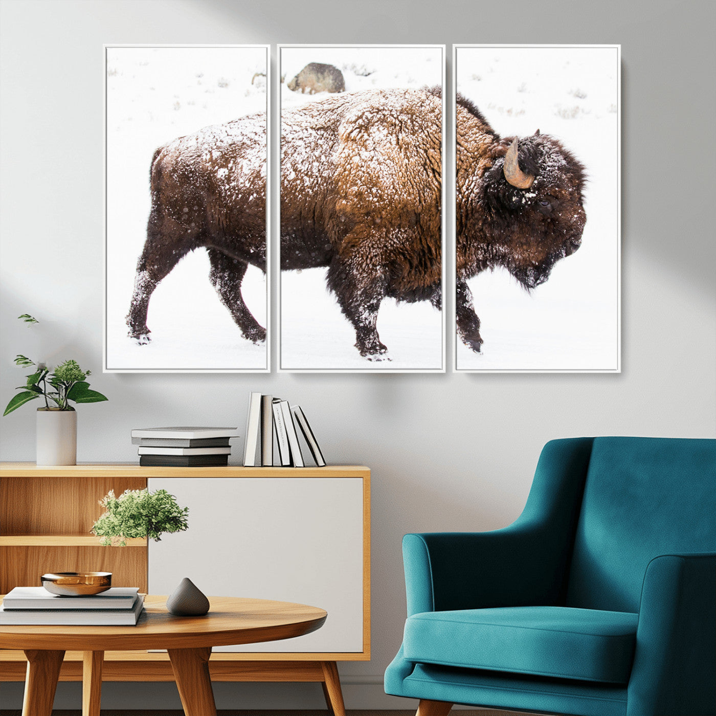94261165-MGV-CV-36X24-Snowy Buffalo Wall Art Canvas Print, Framed Wildlife Photography Art Picture Print, Brown Tones Perfect Rustic Lodge Decor Decor