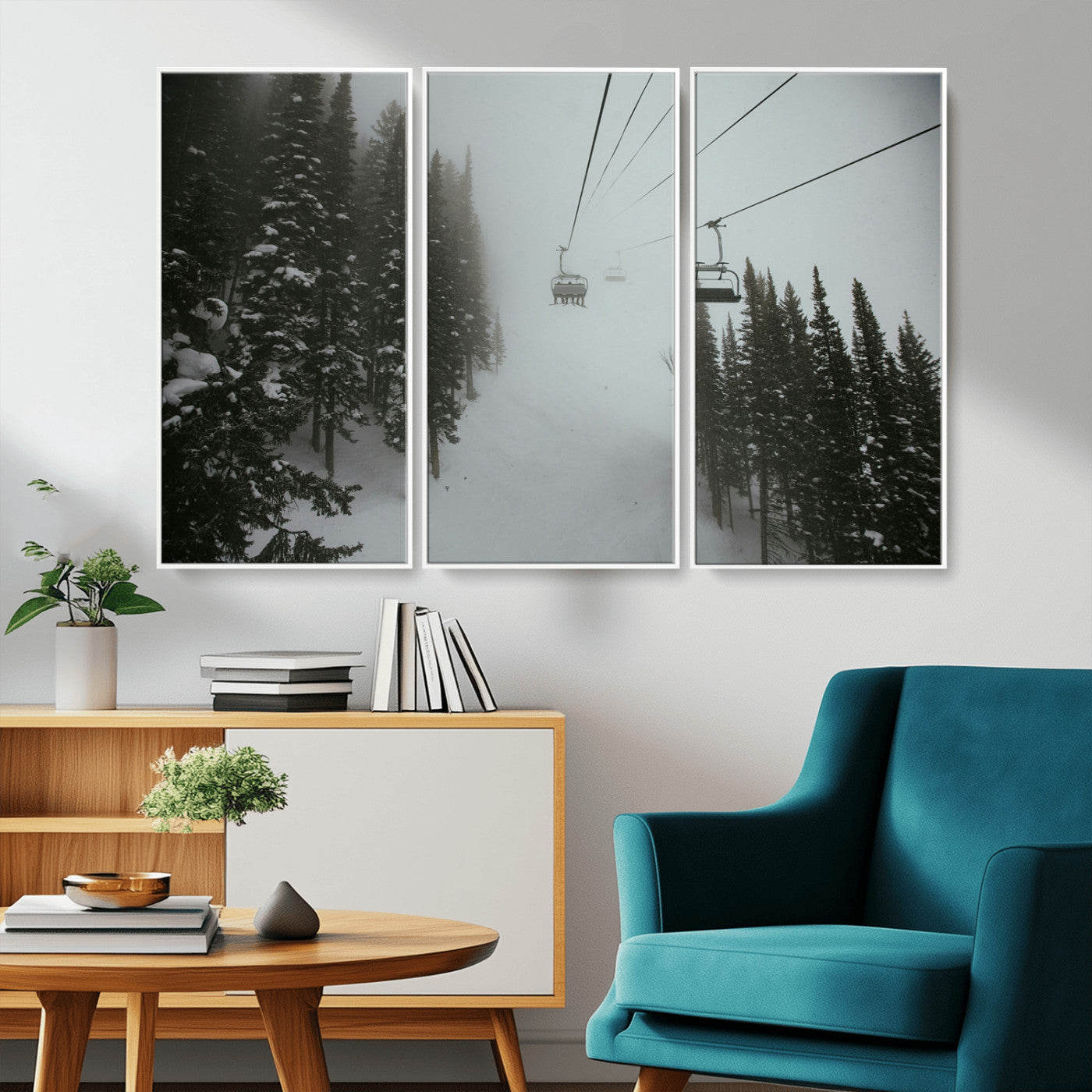 87018452-MGV-FC-48X32-3P_White-Ski Lift Wall Art Canvas Print, Framed Snowy Pines Art Picture Print, Misty Landscape Perfect Winter Serenity Decor Artwork