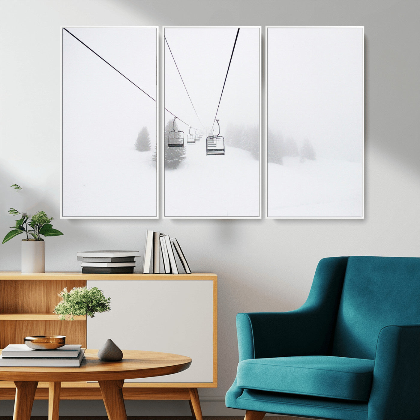 20216390-MGV-CV-36X24-Ski Lift Wall Art Canvas Print, Framed Snowy Landscape Art Picture Print, Alpine Adventure Perfect Nordic Minimalist Decor Artwork