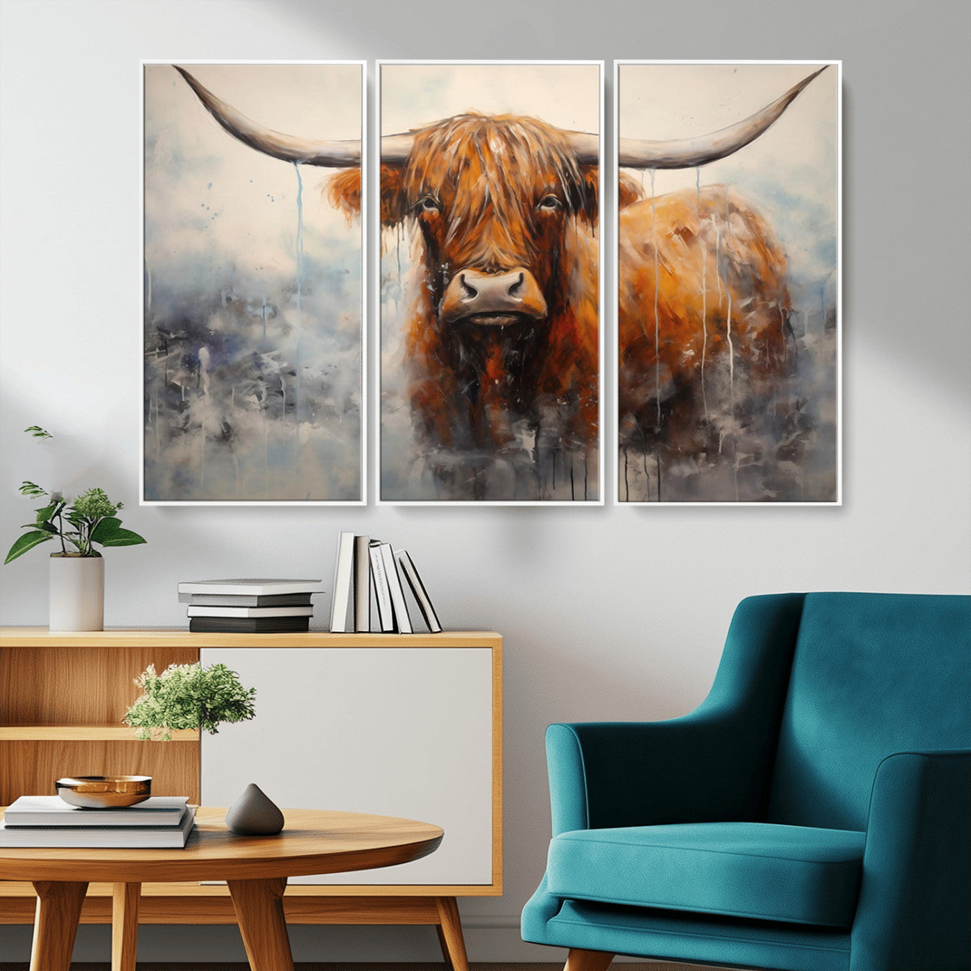 X61001-MGV-CV-36X24-Scottish Highland Wall Art Canvas Print, Framed Longhorn Art Picture Print, Western Cow Perfect Farmhouse Decor Artwork