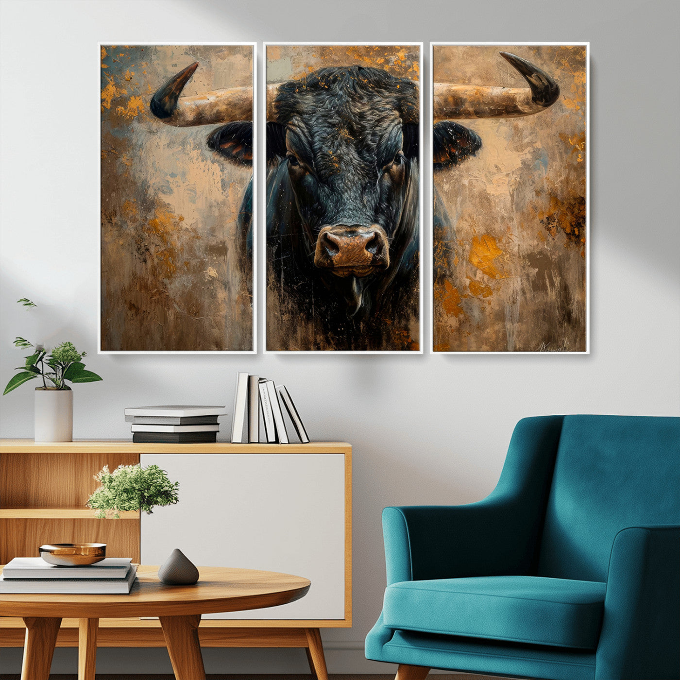 91615410-MGV-CV-36X24-Bull Wall Art – Rustic Western Longhorn Canvas Print, Powerful Abstract Animal Painting, Farmhouse Ranch Decor for Living Room,