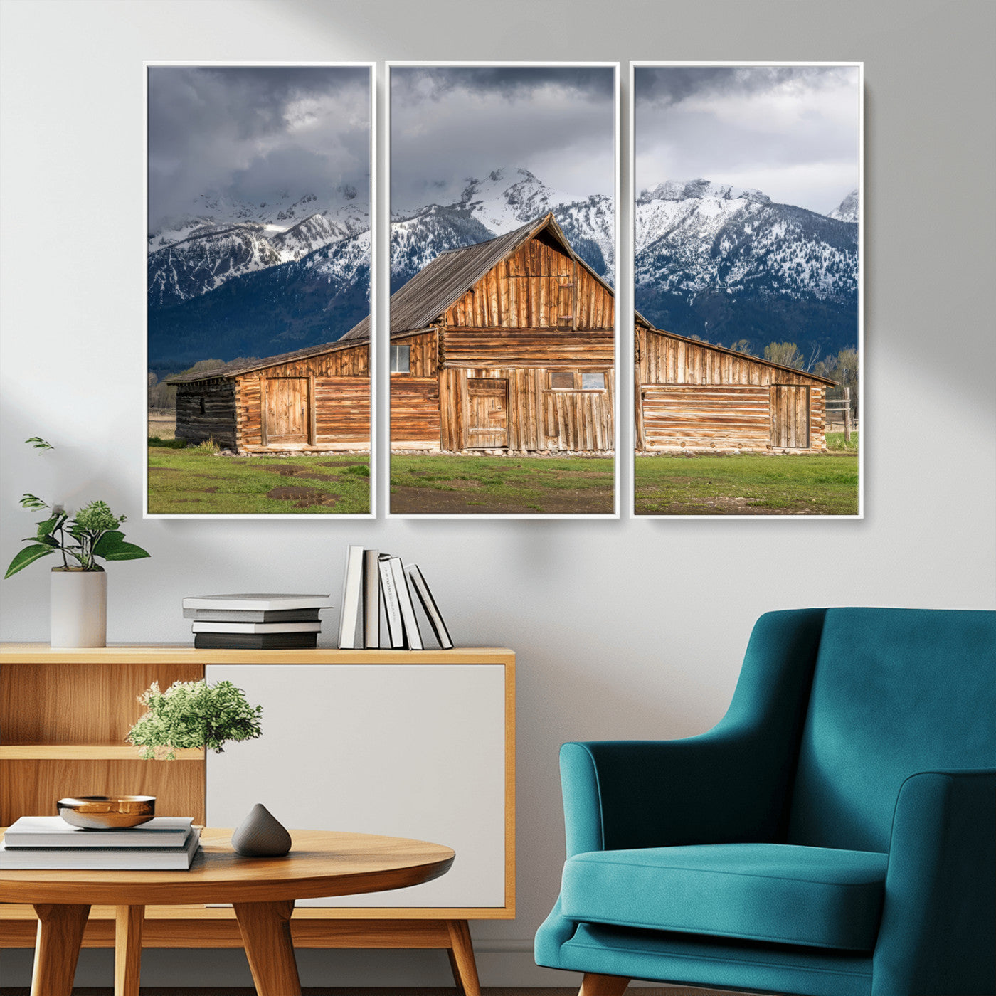 15173627-MGV-CV-36X24-Barn Wall Art – Rustic Wooden Cabin Canvas Print with Snowy Mountain Landscape, Western Farmhouse Country Decor for Living Room,