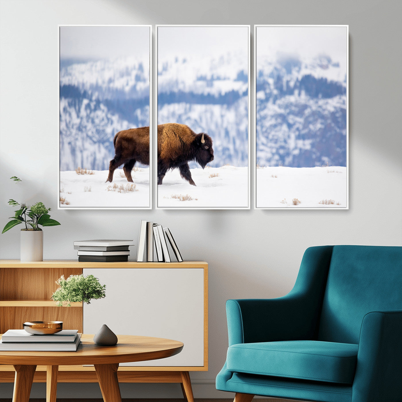 21623194-MGV-CV-36X24-Snow Bison Wall Art – Majestic Buffalo Wildlife Canvas Print, Winter Nature Décor for Rustic Living Room, Farmhouse, Cabin, Lodge