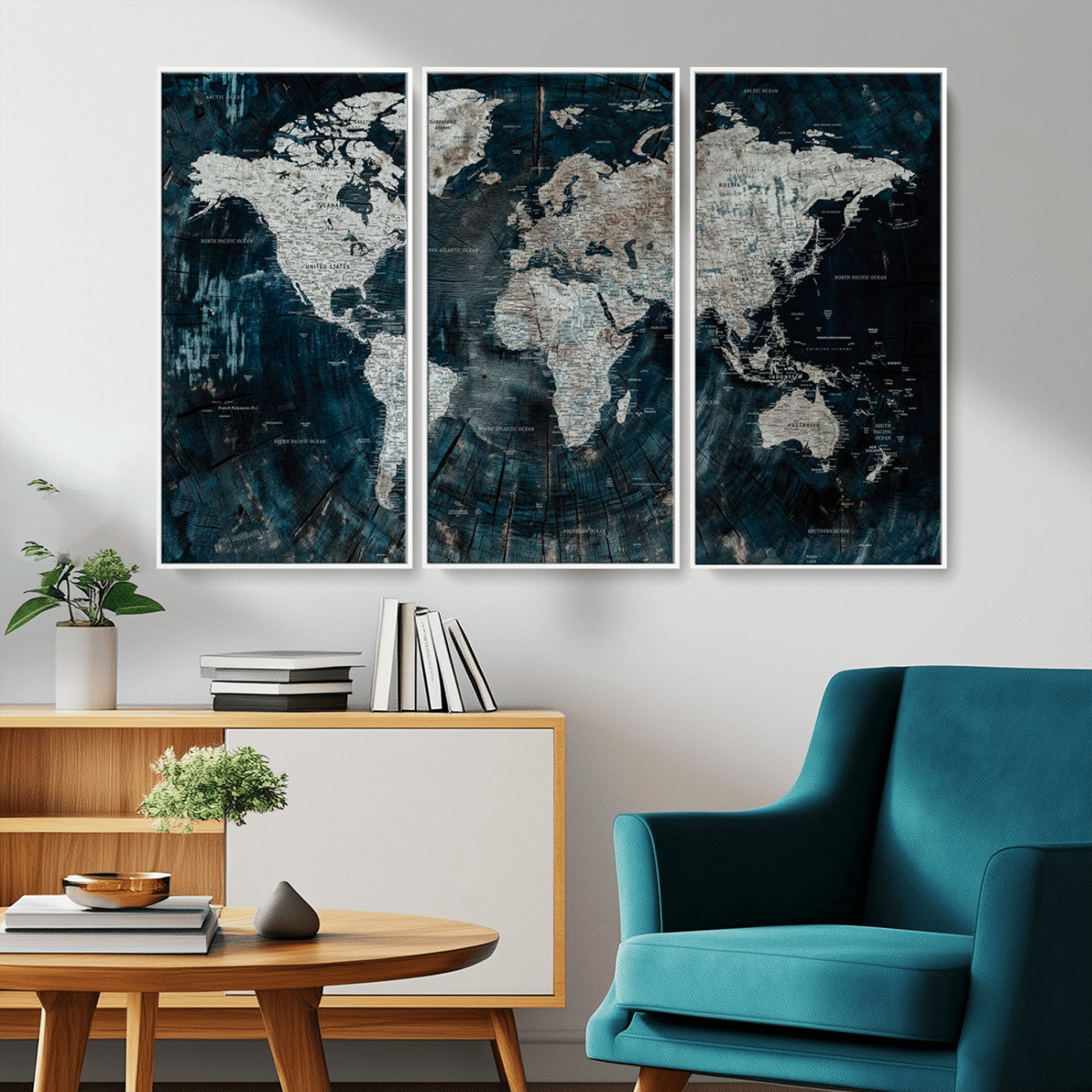 34425609-MGV-CV-36X24-World Map Wall Art – Rustic Navy and Grey Atlas Canvas Print, Distressed Explorer Map Artwork, Industrial Style Decor for Office,