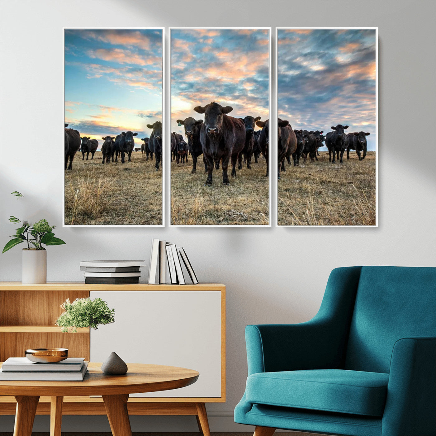 13867292-MGV-CV-36X24-Black Cattle Wall Art – Rustic Ranch Herd Canvas Print, Western Farmhouse Country Landscape Decor for Living Room, Office, or