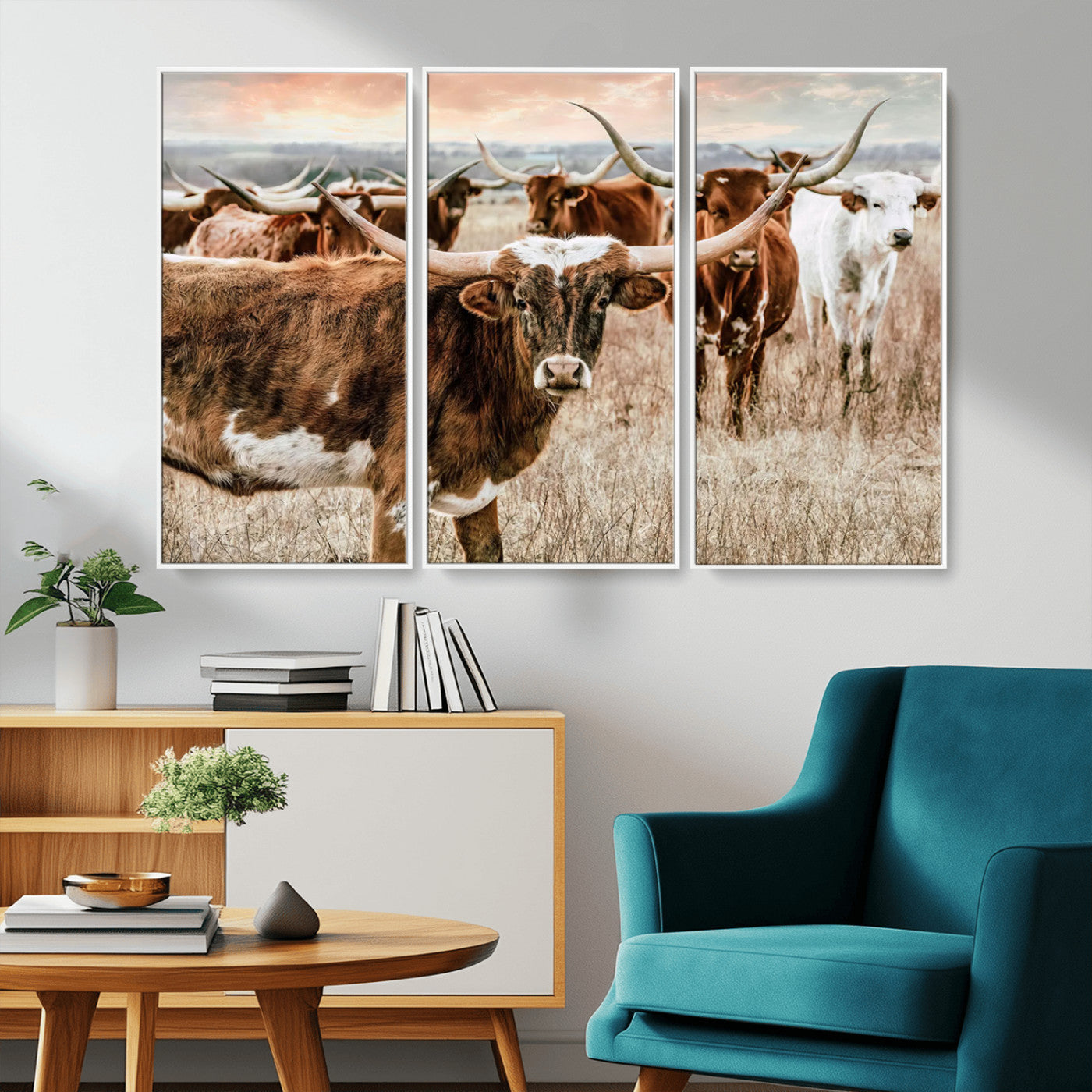 47758300-MGV-CV-36X24-Texas Longhorn Cattle Wall Art – Rustic Western Herd Canvas Print, Cowboy Ranch Farmhouse Decor for Living Room, Office, or