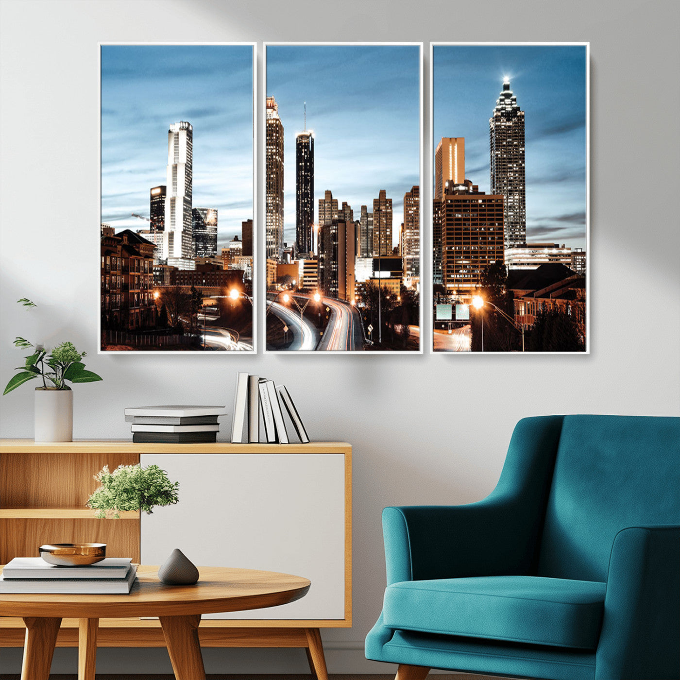 23859158-MGV-CV-36X24-Atlanta Skyline Wall Art – Modern Cityscape Canvas Print with Night Lights and Traffic Trails, Urban Decor for Office, Apartment,