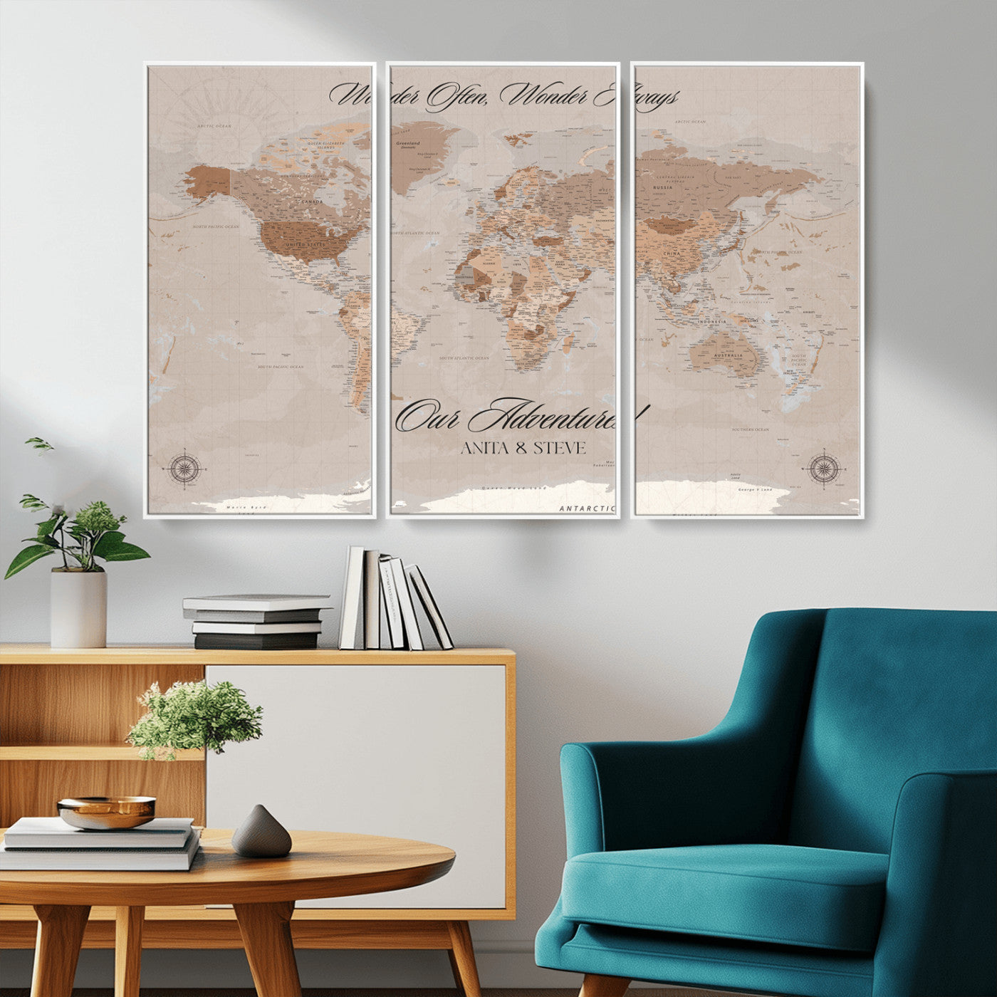 95243244-MGV-CV-36X24-Wander Often Wonder Always World Map Wall Art – Neutral Beige Adventure Canvas Print, Rustic Boho Travel Decor for Bedroom, Living