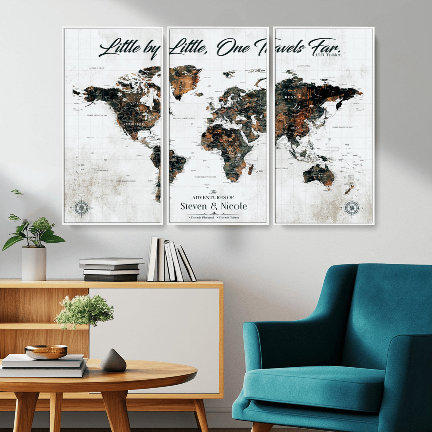 88337180-MGV-CV-36X24-Little by Little One Travels Far Tolkien Quote World Map Rustic Black Brown Adventure Wall Art Canvas Print for Home Office Living