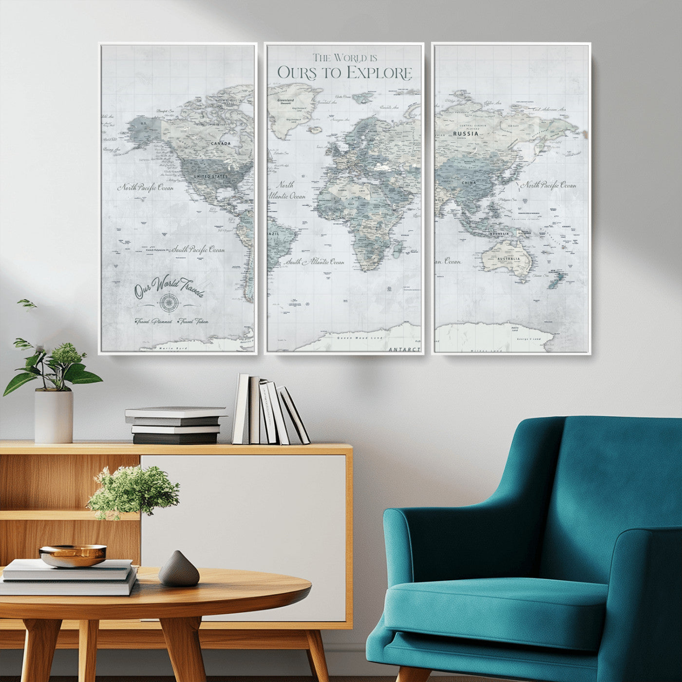94249974-MGV-CV-36X24-Ours Explore World Map Wall Art – Modern Travel Canvas Print, Neutral Adventure Decor for Living Room, Office, Study, Bedroom,