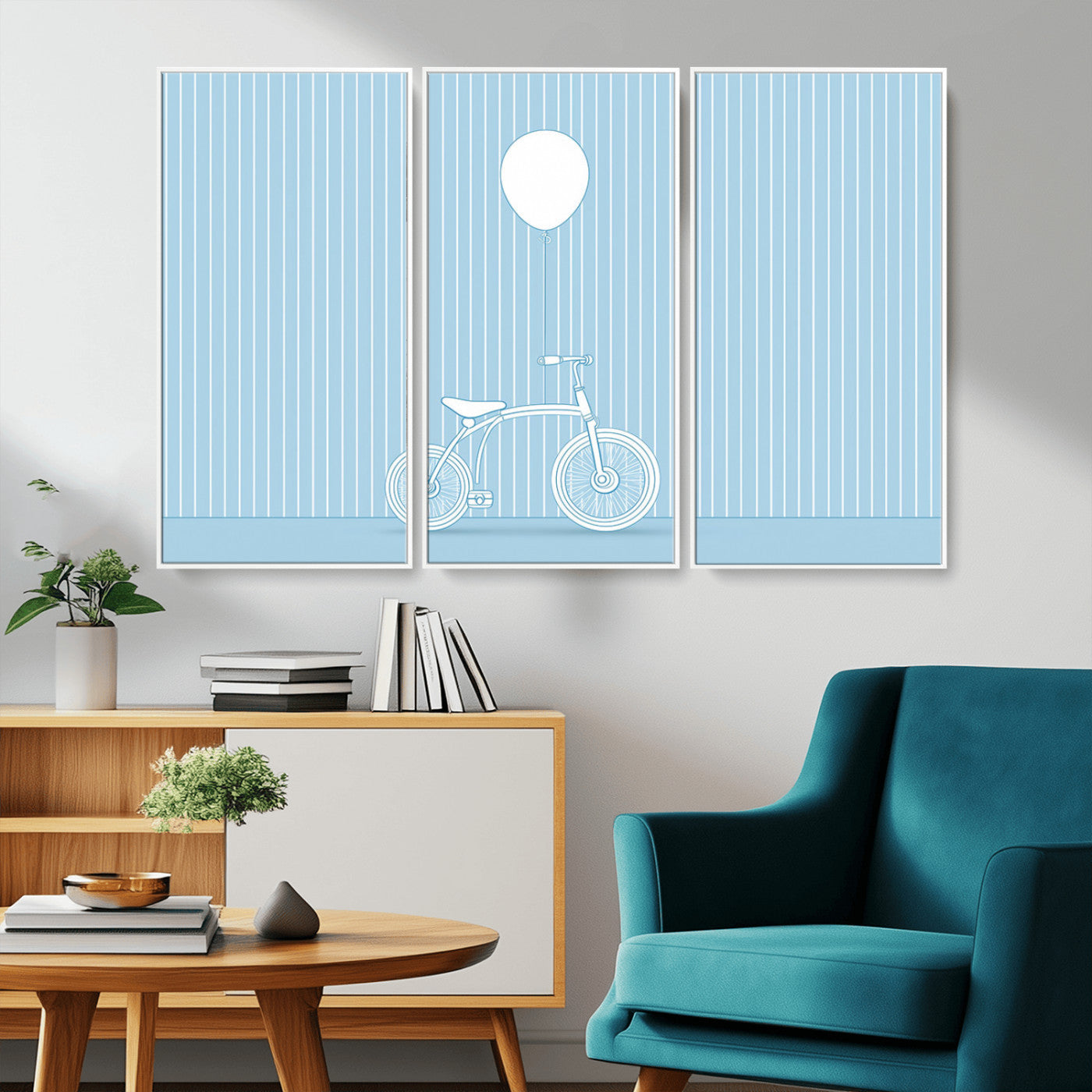56479838-MGV-CV-36X24-Bicycle Wall Art – Minimalist Blue Canvas Print with Balloon Illustration, Modern Decor Artwork for Kids Room, Nursery, or Living