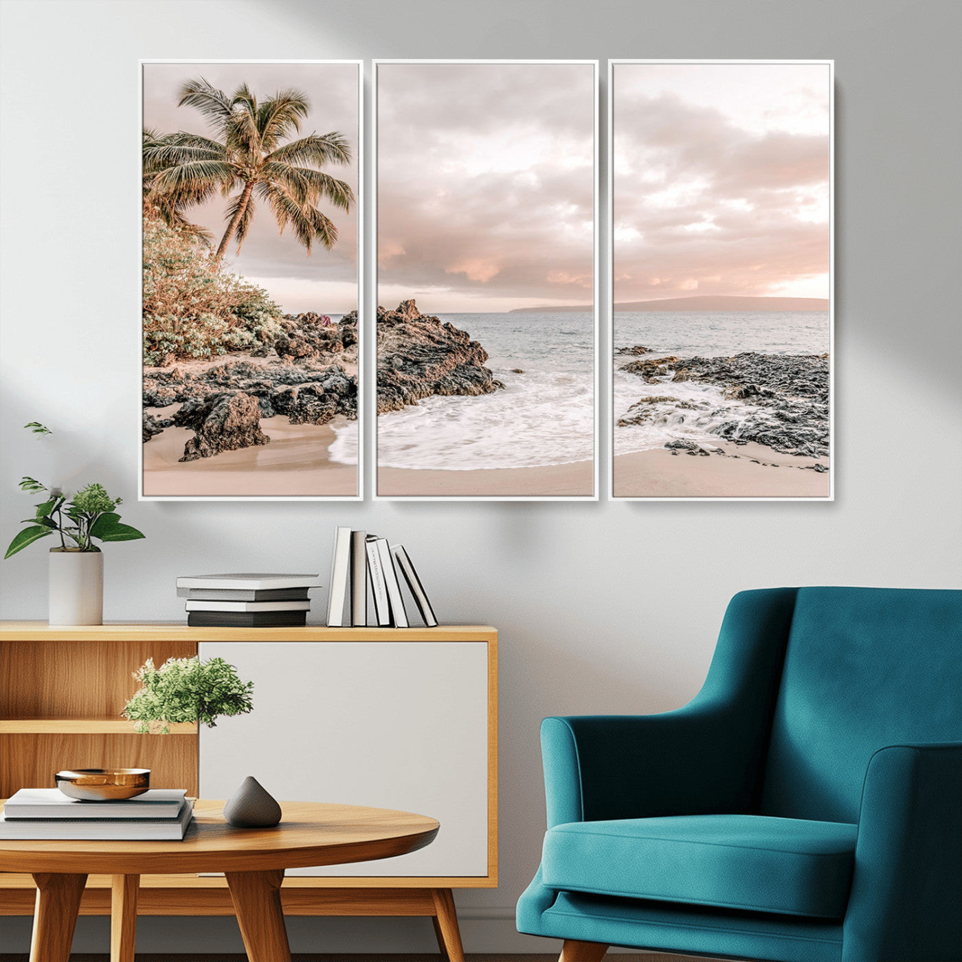 18005328-MGV-CV-36X24-Tropical Beach Canvas Wall Art – Palm Tree, Rocky Shoreline, Ocean Waves, Sunset Clouds, Calm Sea, Island Nature Relaxation for