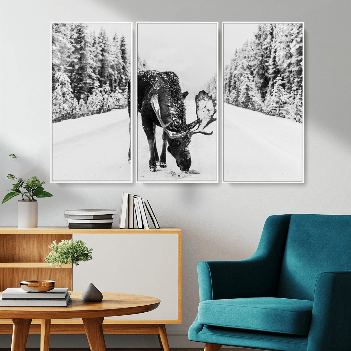 38956835-MGV-CV-36X24-Moose Wall Art – Black and White Wildlife Canvas Print with Snowy Forest Road, Rustic Nature Photography for Cabin, Lodge, Living