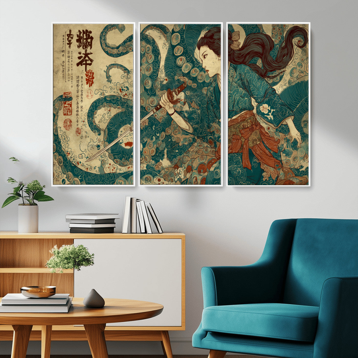 46837670-MGV-CV-36X24-Tsukioka Yoshitoshi Samurai Wall Art Print, Japanese Katana Warrior Canvas Wall Art, Octopus Sea Monster Canvas Print,