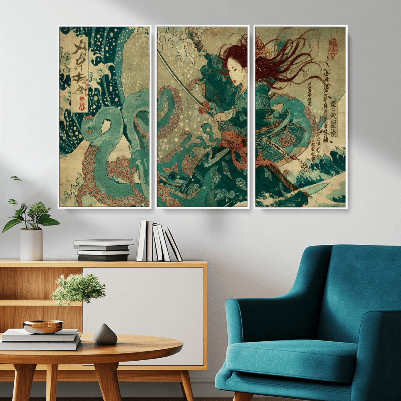86918027-MGV-CV-36X24-Samurai Warrior vs Octopus Wall Art – Japanese Ukiyo-e Ocean Battle Canvas Print, Traditional Samurai Artwork for Living Room,