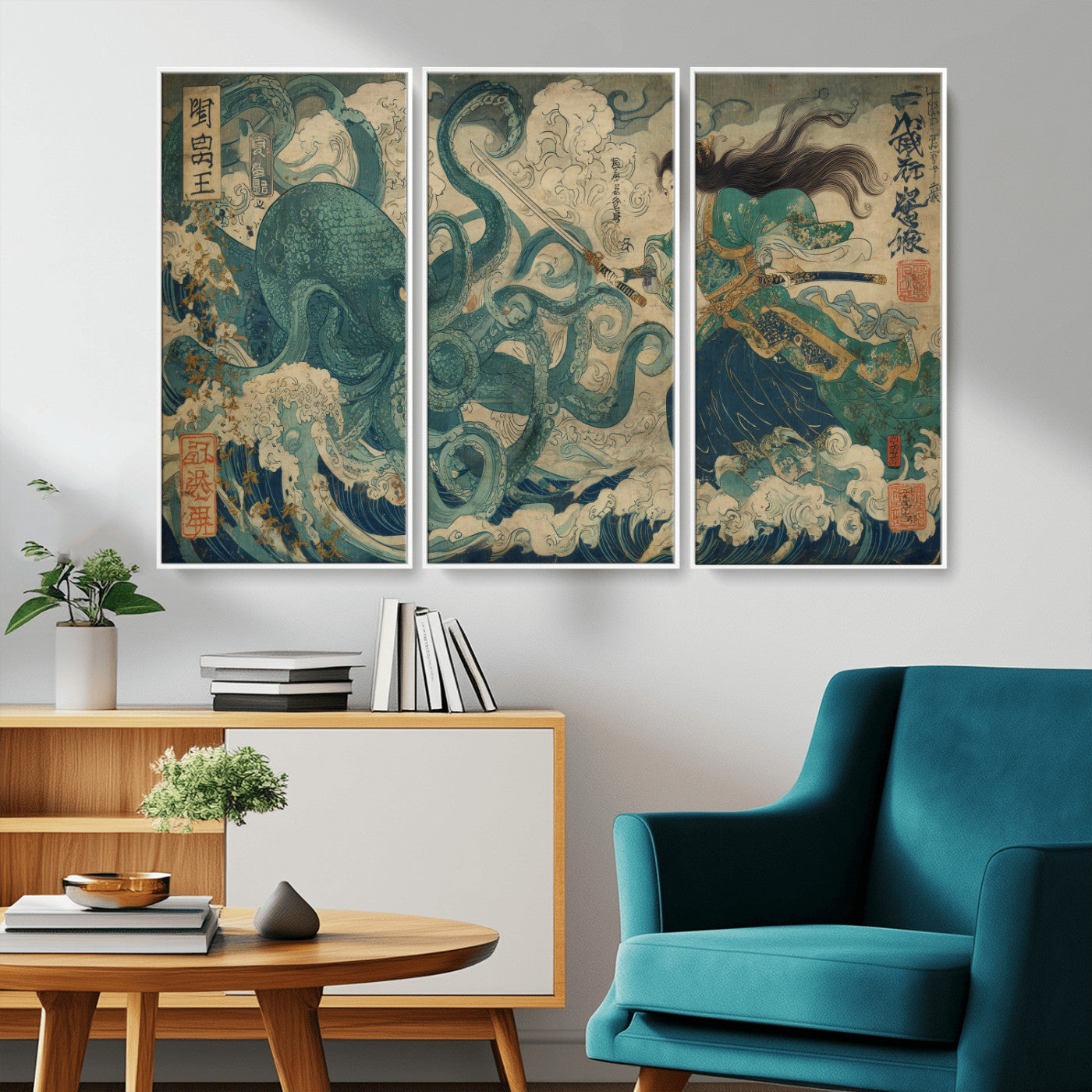 60346622-MGV-CV-36X24-Tsukioka Yoshitoshi Samurai Wall Art Print, Japanese Katana Warrior Canvas Wall Art, Octopus Sea Monster Canvas Print,