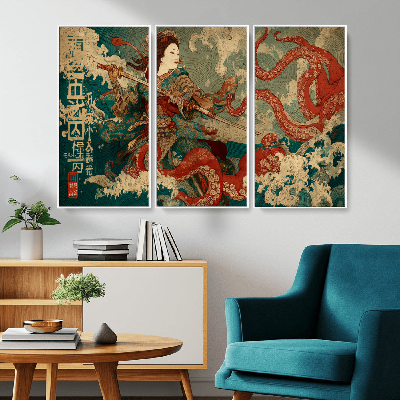 60201267-MGV-CV-36X24-Samurai Woman vs Octopus Wall Art – Japanese Ukiyo-e Armor Canvas Print, Red Tentacle Ocean Battle Artwork for Living Room,