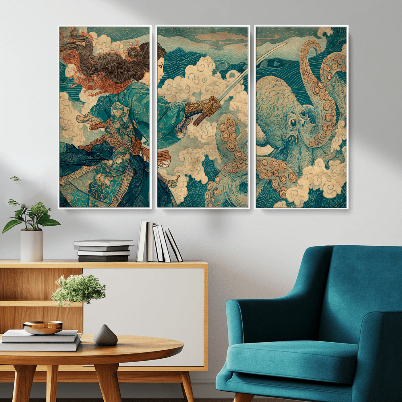 99764195-MGV-CV-36X24-Samurai vs Octopus Wall Art – Japanese Ukiyo-e Style Warrior and Sea Monster Canvas Print, Mythology Inspired Artwork for Living