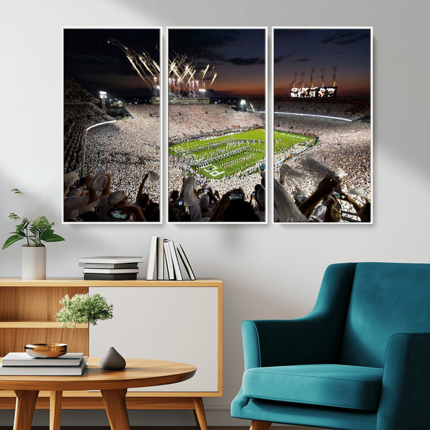 Penn-MGV-CV-36X24-Football Stadium Wall Art – Panoramic Night Game Canvas Print, Packed Crowd with Fireworks, Sports Decor for Office, Man Cave, Bar