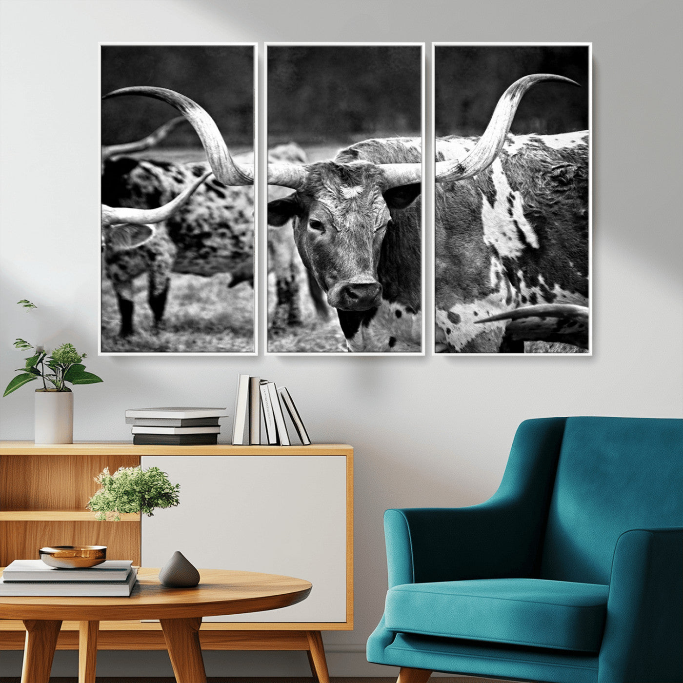 15425553-MGV-CV-36X24-Western Wall Art – Longhorn Cattle Black and White Canvas Print, Rustic Ranch Photography Decor for Bedroom, Living Room, Office,