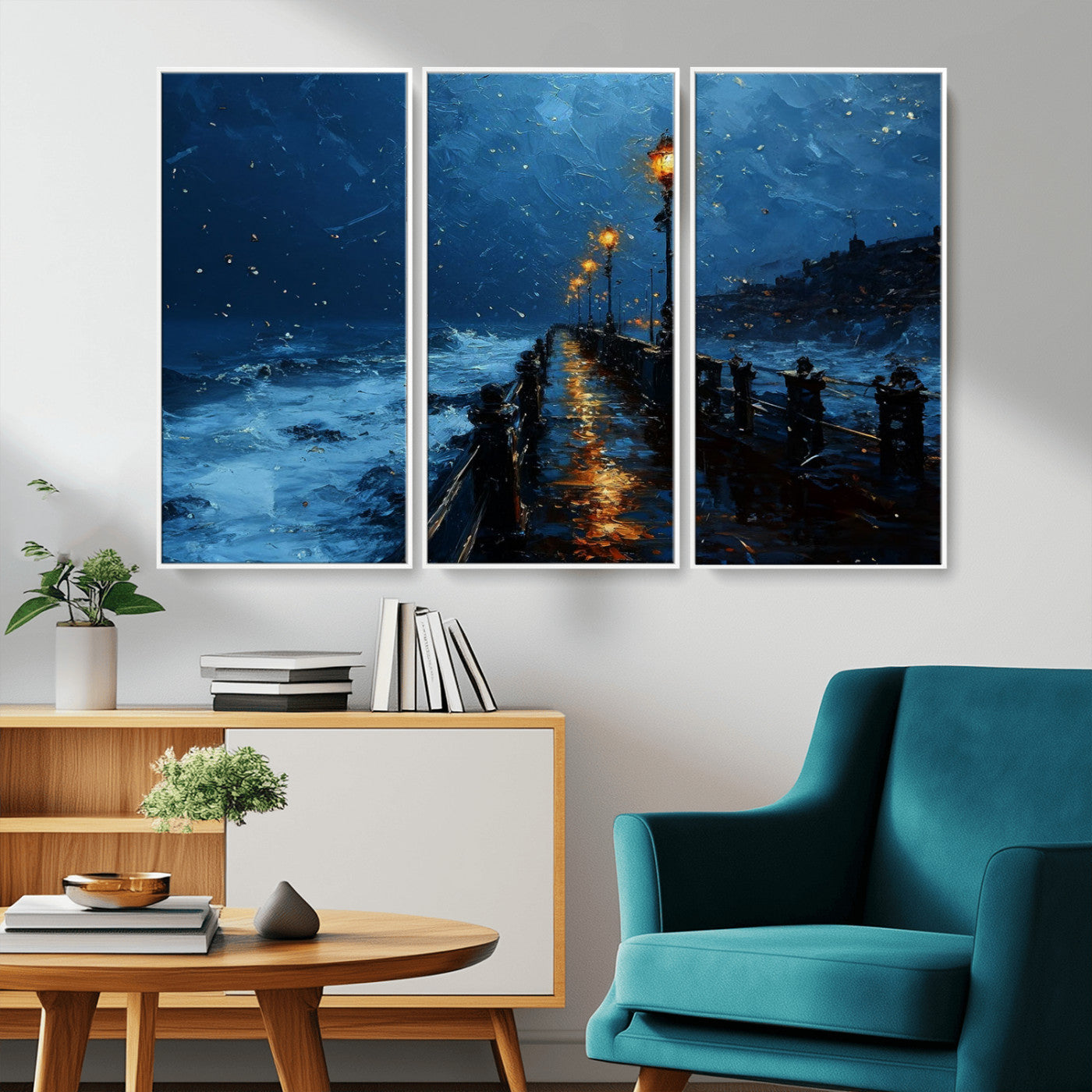 48300530-MGV-CV-36X24-Night Pier Wall Art – Moody Ocean Boardwalk Canvas Print, Impressionist Coastal Seascape Painting Decor for Living Room, Office,