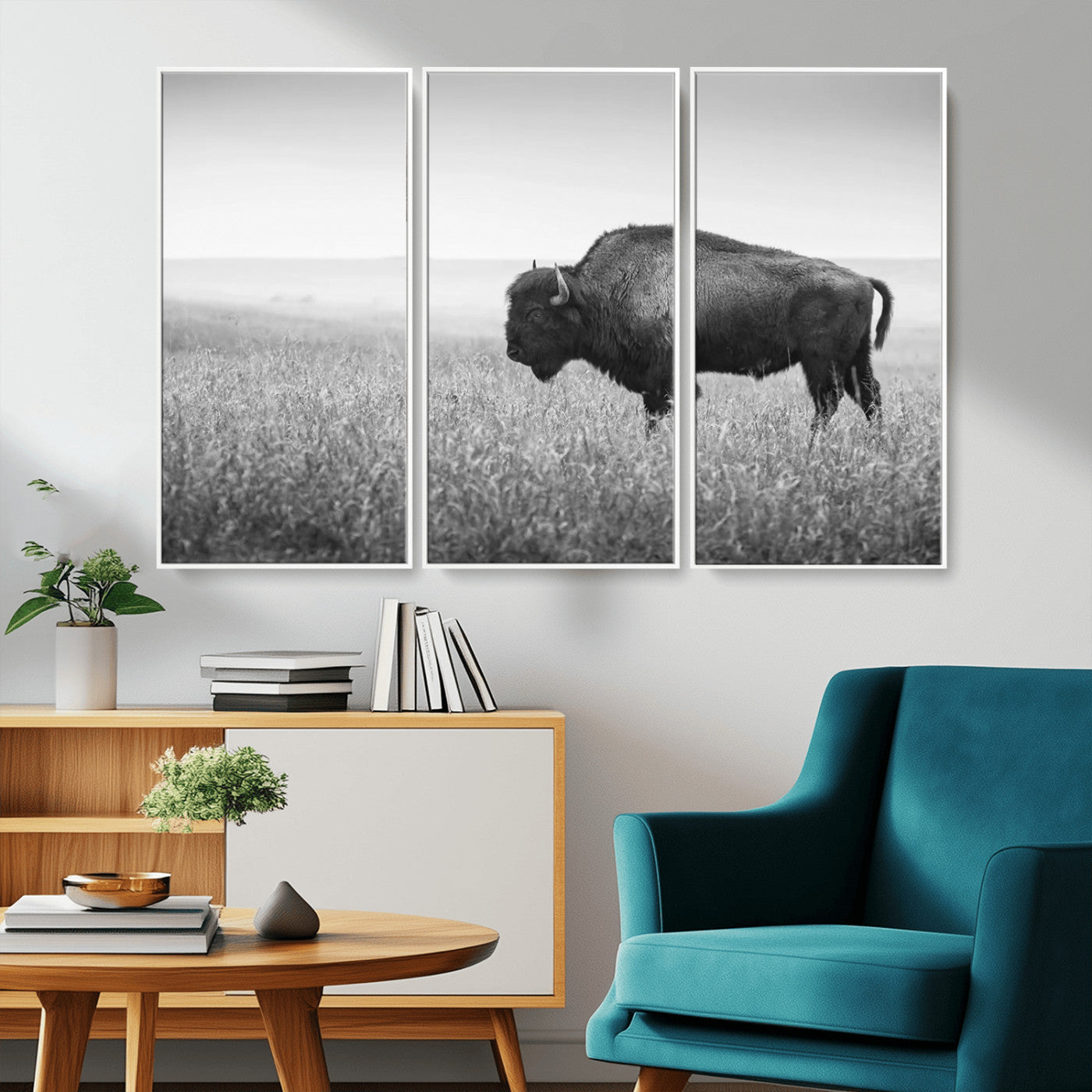 90861202-MGV-CV-36X24-Black and White Bison Canvas Wall Art – Rustic American Buffalo Print, Western Wildlife Photography for Farmhouse, Cabin, Office