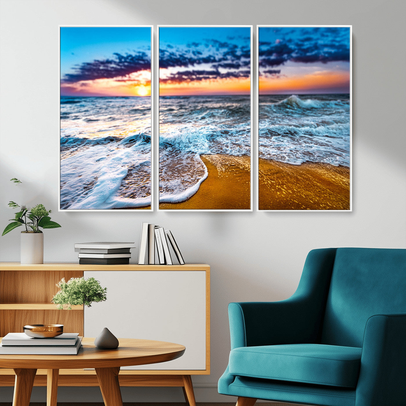 24077769-MGV-CV-36X24-Sunset Beach Wall Art – Ocean Waves Canvas Print, Golden Shoreline Photography Coastal Decor for Living Room, Bedroom, Office,