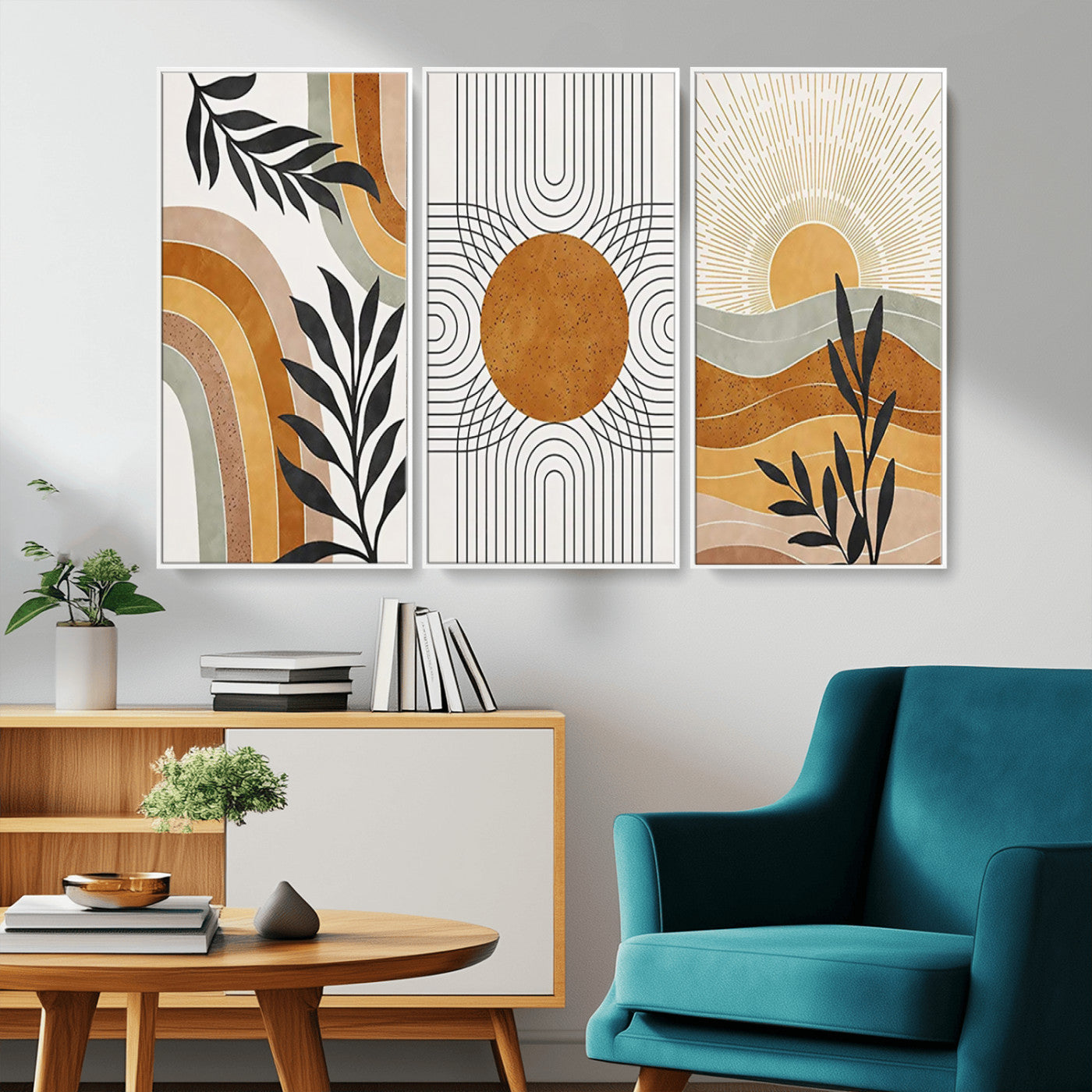 32359-MGV-CV-36X24-Modern Sun Wall Art Canvas Print, Framed Retro Horizon Art Picture Print, Sunburst Design Perfect Mid Century Boho Decor Artwork