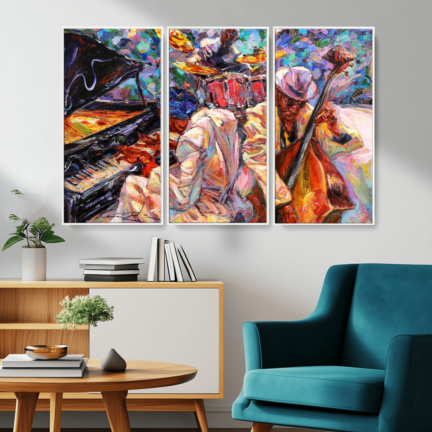 13675-MGV-CV-36X24-Jazz Band Wall Art Canvas Print, Framed Jazz Oil Painting Art Picture Print, Vibrant Music Perfect Abstract Musical Decor Artwork