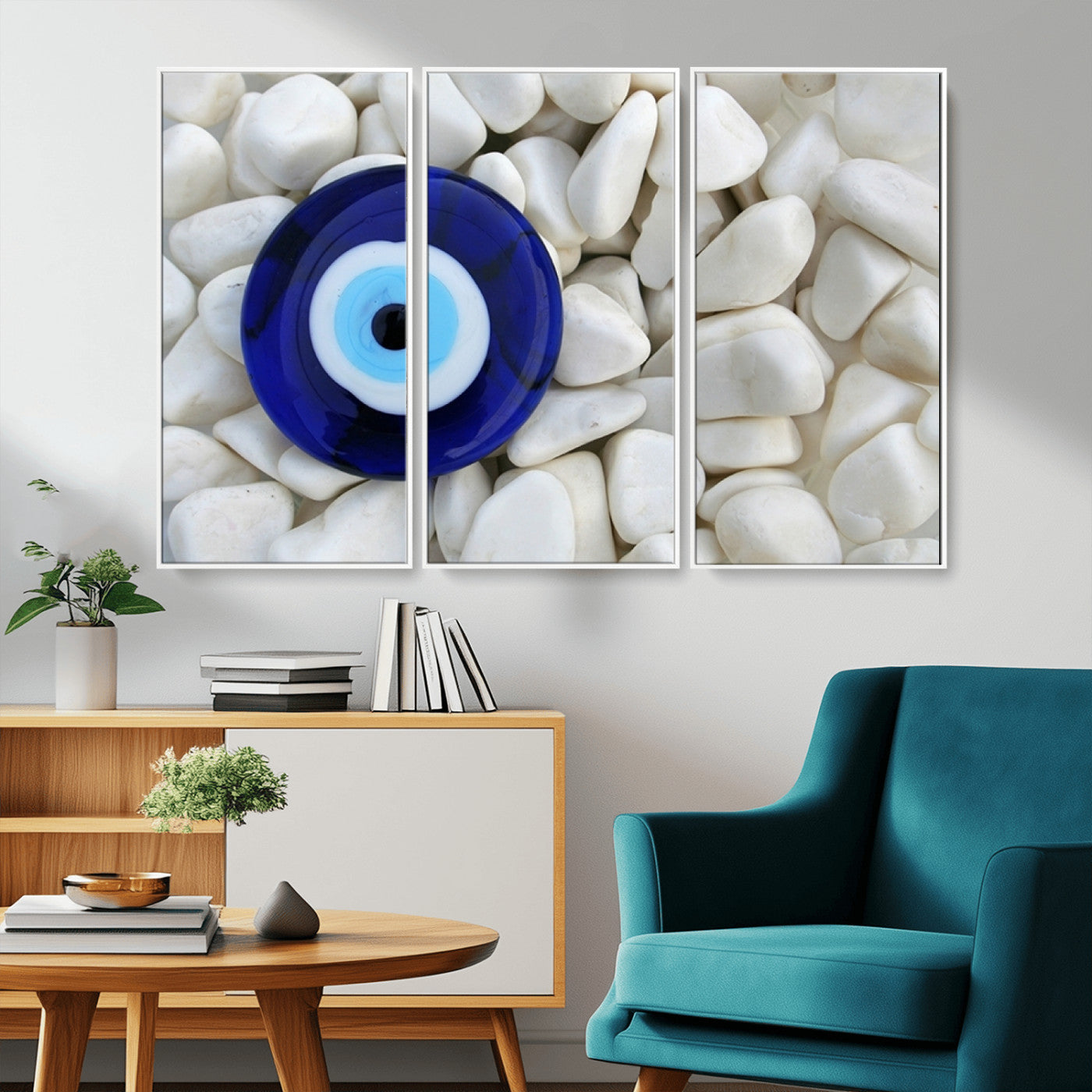 48883-MGV-CV-36X24-Evil Eye Wall Art – Deep Blue Symbol of Presence and Calm on White Stones, Subtle Spiritual Decor for Entryway, Studio, Office or