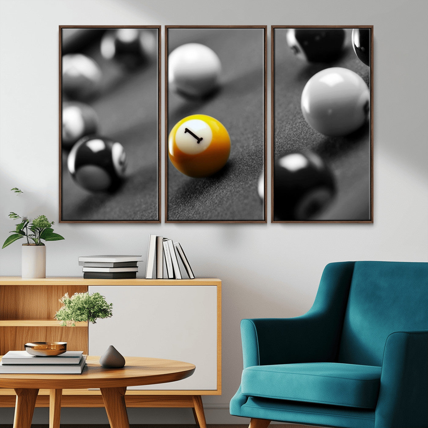 52108-MGV-FC-48X32-3P_Walnut-Precision Pool Table Wall Art – Close Up Yellow 1 Ball Canvas Print, Hand-Played Billiards Game Decor for Office, Game Room, or