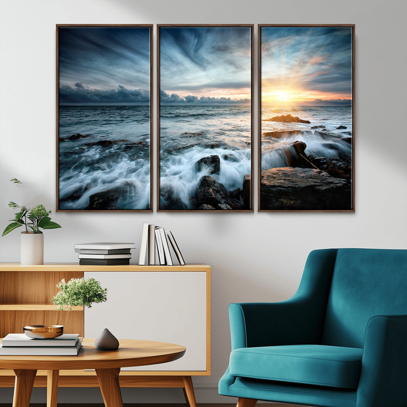 33428-MGV-FC-48X32-3P_Walnut-Ocean Sunrise Wall Art – Serene Seascape Canvas Print, Coastal Home or Office Decor, Perfect for Living Room, Bedroom, or Study