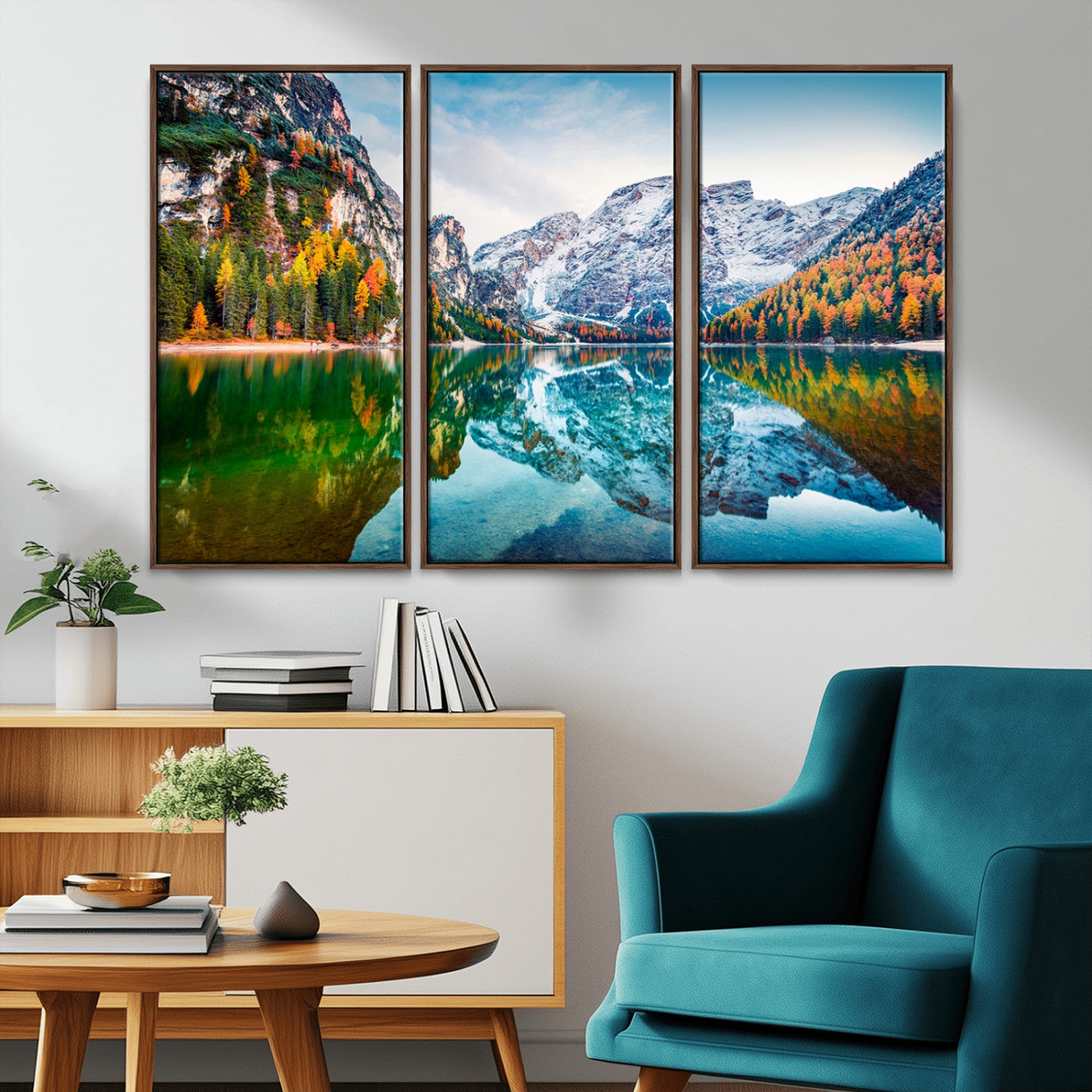 10402-MGV-CV-36X24-Snowy Mountain Lake Wall Art – Autumn Landscape Canvas Print with Reflection, Nature Decor for Living Room, Office, Bedroom or