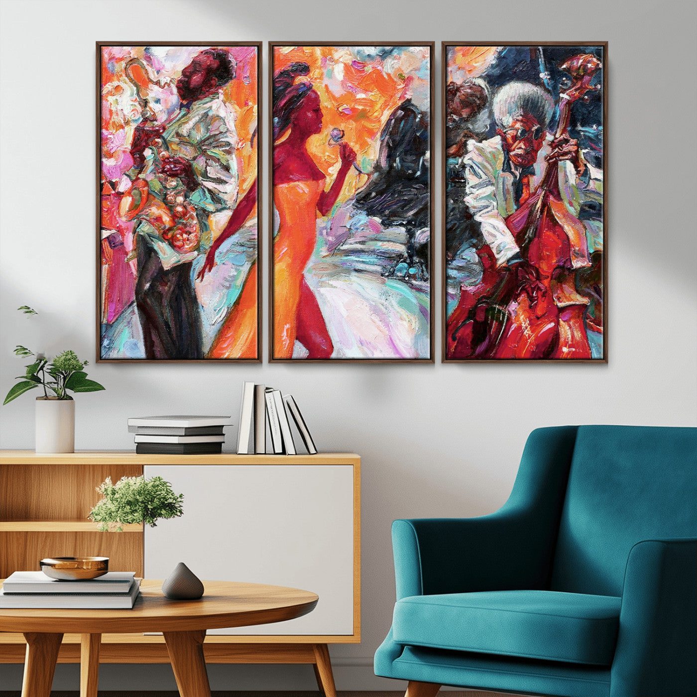 24452-MGV-CV-36X24-Vibrant Jazz Musician Painting - Expressive Art Print of Live Jazz Band, Perfect Wall Decor for Music Lovers and Art Enthusiasts