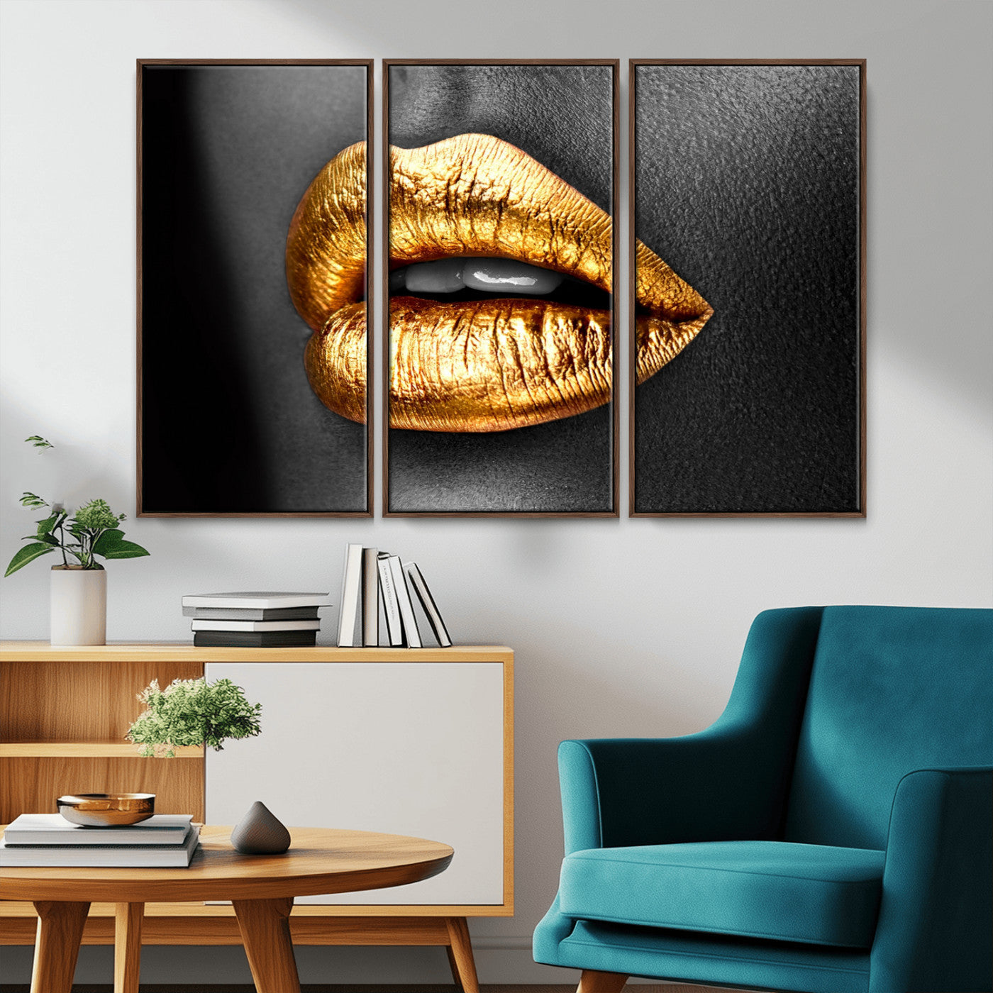 84747-MGV-CV-36X24-Golden Lips Black & White Portrait – Glamorous Metallic Lip Art Print, Modern Wall Decor for Bedroom, Beauty & Fashion Lover Gift