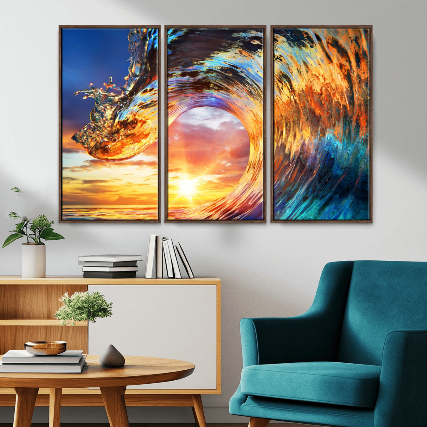 52890-MGV-FC-48X32-3P_Walnut-Surfing Wave Wall Art Canvas Print, Framed Sunset Ocean Art Picture Print, Ocean Wave Perfect Nautical Decor Artwork