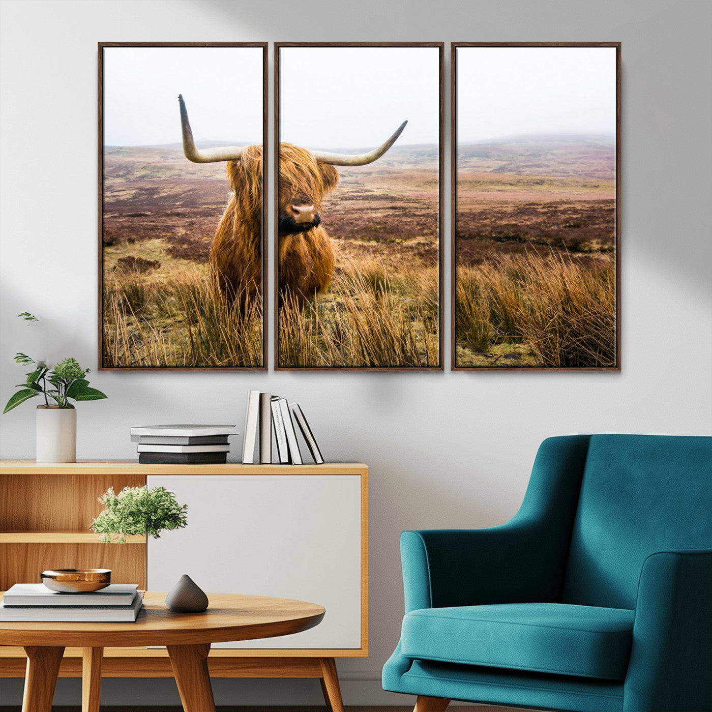 79391-MGV-CV-36X24-Majestic Highland Cow in Misty Scottish Moorland – Rustic Natural Charm, Perfect for Unique Home or Office Decor