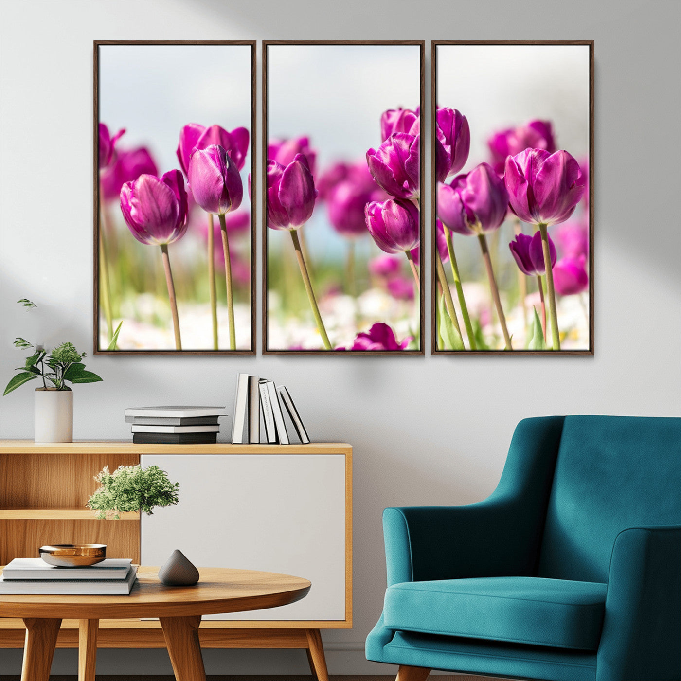30632-MGV-CV-36X24-Purple Tulip Field Wall Art – Beautiful Spring Flowers Canvas Print with Soft Focus and Bright Sky, Ideal Floral Decor for Home or