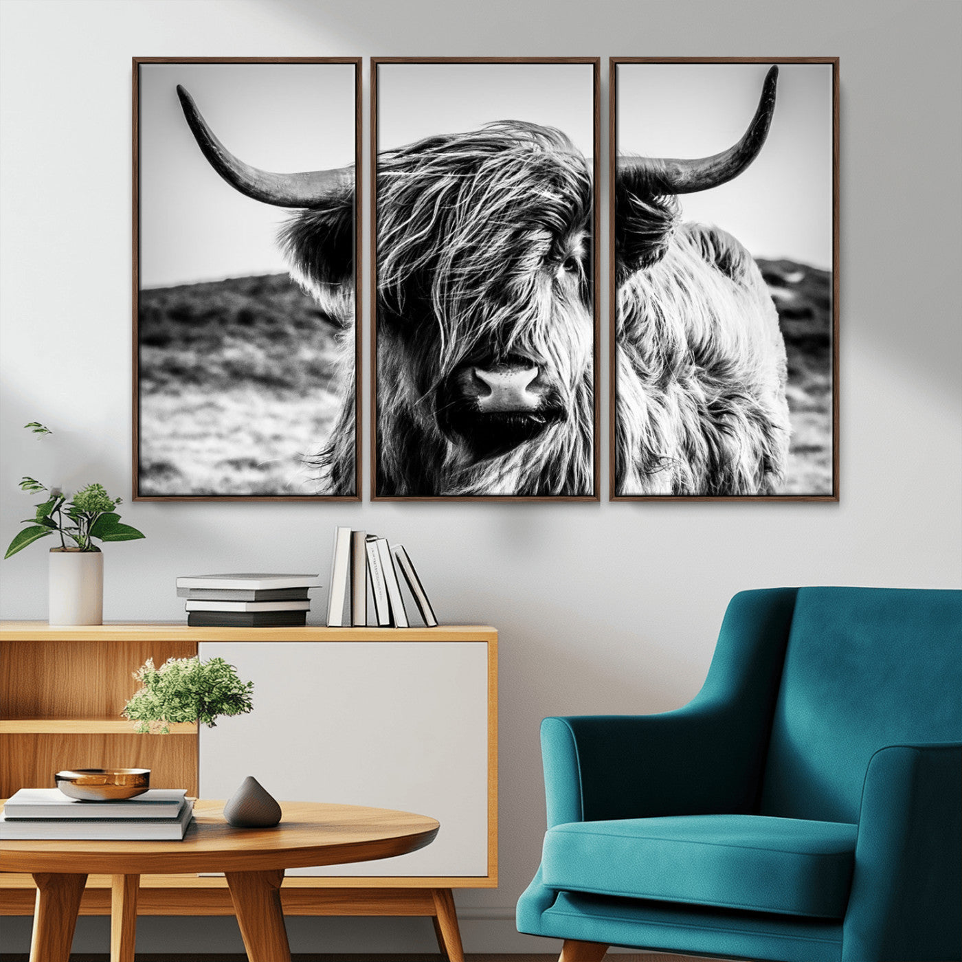 36979-MGV-CV-36X24-Striking black-and-white portrait of a Highland cow with flowing fur and majestic horns, perfect for rustic and elegant home or