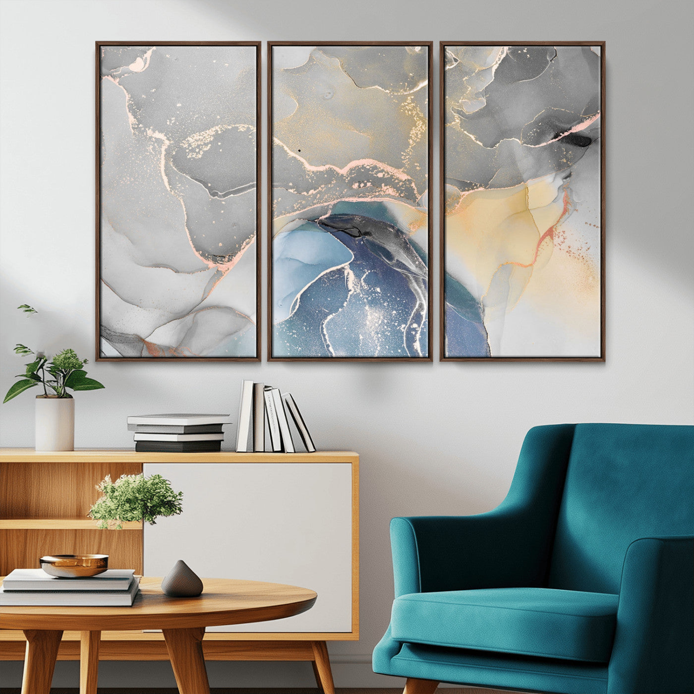 63211-MGV-FC-48X32-3P_Walnut-Abstract Fluid Art Wall Decor – Blue, Gray & Gold Canvas Print, Modern Home and Office Wall Art Decor for Living Room, Bedroom or