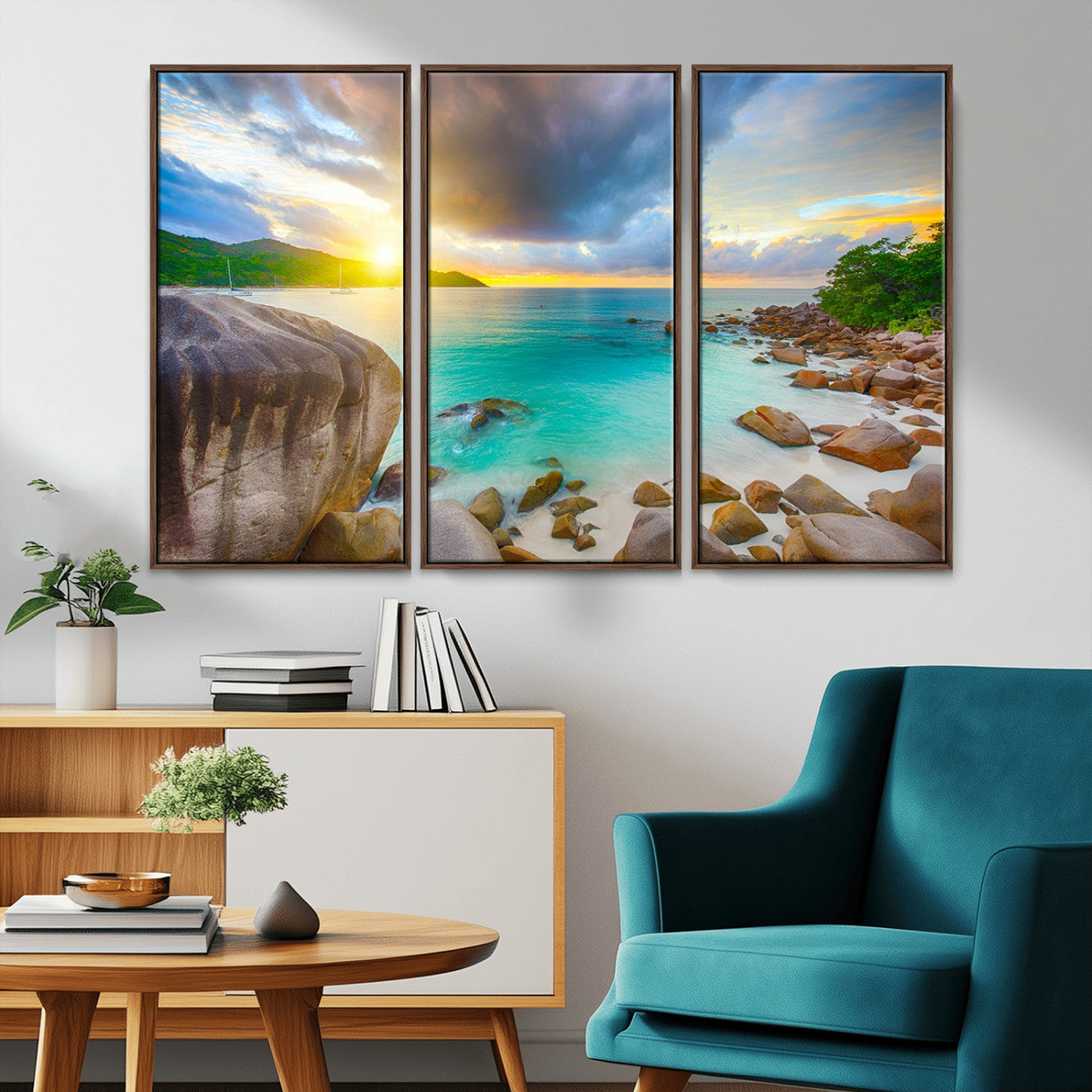 23769-MGV-CV-36X24-Tropical Beach Sunset Wall Art – Ocean Waves and Rocky Shore Canvas Print, Coastal Seascape Photography Decor