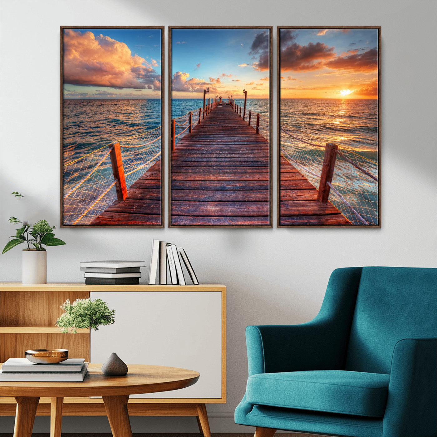 28836-MGV-CV-36X24-Ocean Pier Sunset Wall Art – Wooden Dock and Golden Horizon Canvas Print, Coastal Seascape Photography for Living Room, Bedroom,