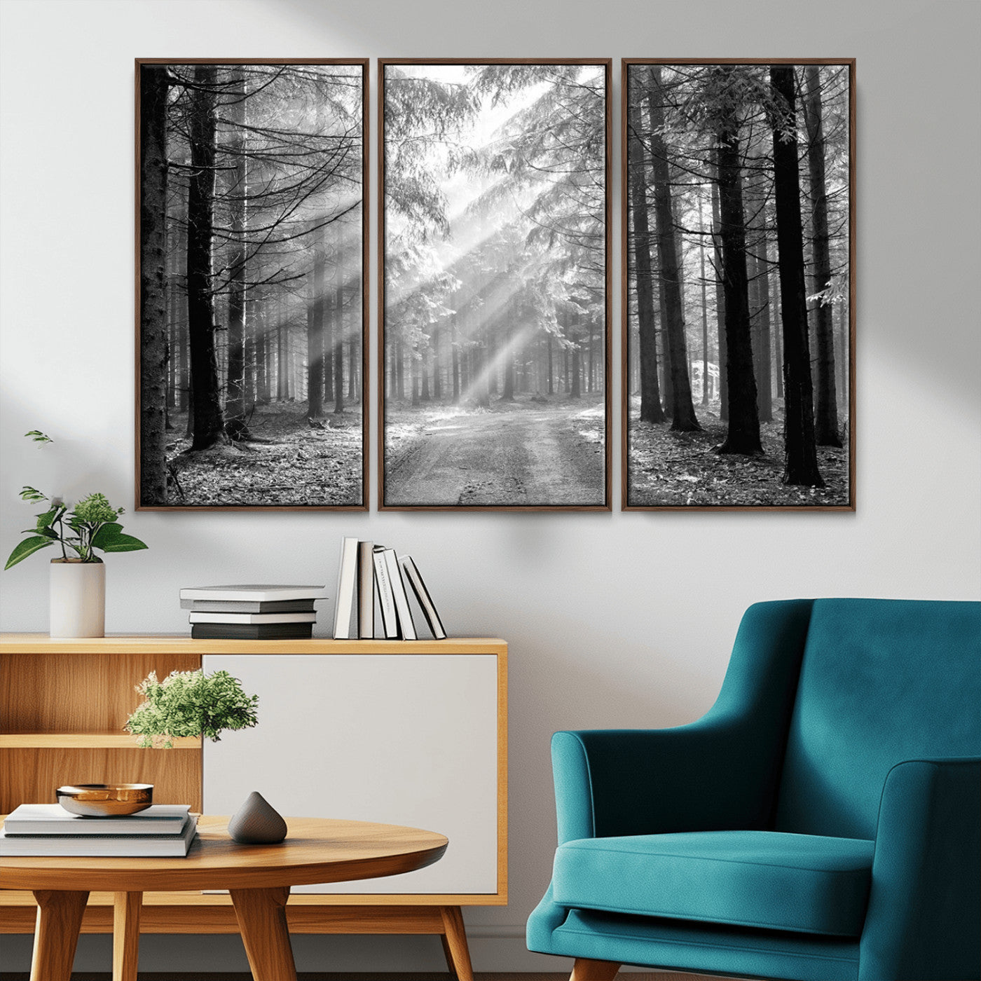 39665-MGV-CV-36X24-Black and White Forest Path Wall Art – Sunlight Rays in Trees Canvas Print, Nature Landscape Decor for Living Room or Office