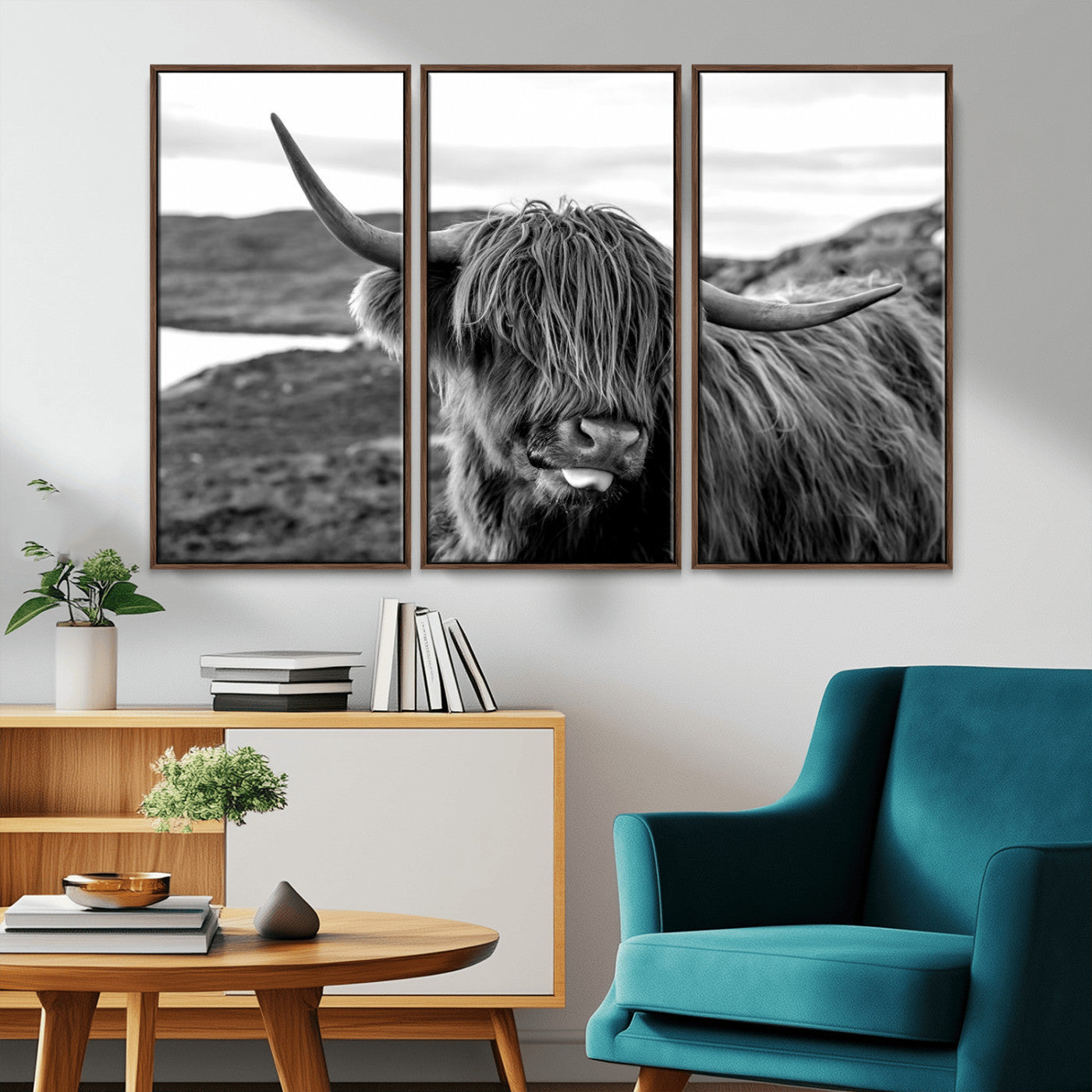 83810-MGV-CV-36X24-Highland Cow Wall Art – Black and White Highland Cattle Print, Rustic Farmhouse Animal Decor for Living Room